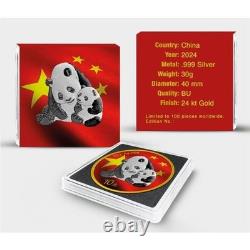 2024 30g Panda Chinese Flag 24k Gold Gilded Colorized Silver Coin