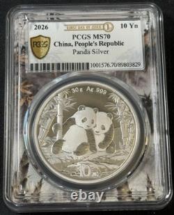 2026 30 Gram. 999 Silver China 10 Yuan Panda Coin PCGS MS70 First Day of Issue