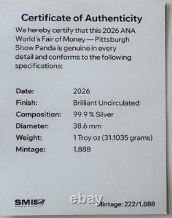 2026 China 1oz Silver Panda Pittsburgh ANA Show Release withbox