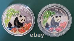 2 coins 1997 China Panda 1 oz and 1/2 oz 0.999 Silver Proof Colorized in airtite