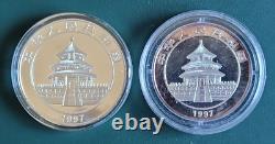 2 coins 1997 China Panda 1 oz and 1/2 oz 0.999 Silver Proof Colorized in airtite