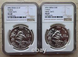 A Pair of NGC MS69 China 1996 1 Oz Silver Panda Coins (Small and Large Date)