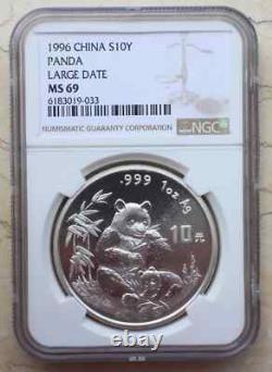 A Pair of NGC MS69 China 1996 1oz Silver Panda Coins (Small and Large Date)