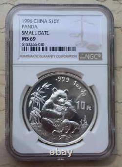 A Pair of NGC MS69 China 1996 1oz Silver Panda Coins (Small and Large Date)