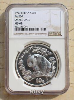 A Pair of NGC MS69 China 1997 Silver 1oz Panda Coins (Small and Large Date)