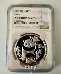 China 1987 10 Yuan Silver Panda Chinese Coin, NGC PF 69 UC