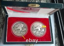 China 1989 Panda 10 Yuan 1oz Set of 2 Silver Coins, Proof+UNC