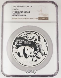 China 1991 100 Yuan 12 Oz Silver Panda Proof Coin NGC PF69 Ultra Cameo