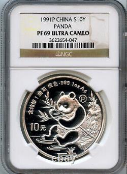 China 1991 Silver 10 Yuan Panda, 1 ounce, Graded by NGC PROOF-69 Ultra Cameo