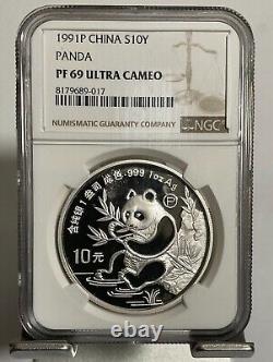China 1991 Silver Panda 1 OZ 10 Yuan proof Coin, NGC PF69