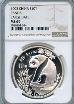 China 1993 Silver 10 Yuan Panda, 1 ounce, Graded by NGC MS-69 Large Date