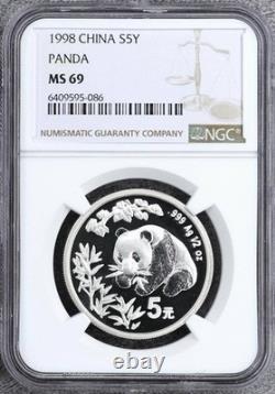 China 1998 5 Yuan Last Year 1/2 Ounce Oz Silver Panda the most Key Date NGC MS69