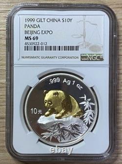 China 1999 10 Yuan 1Oz Golden Silver Panda Beijing Inter Coin Expo Gilt NGC MS69
