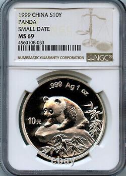 China 1999 Silver 10 Yuan Panda, 1 ounce, Graded by NGC MS-69 Small Date
