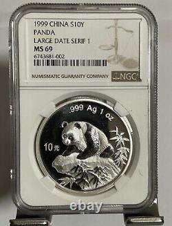 China 1999 silver Panda Coin, 10 Yuan 1 OZ, Large Data serif 1 NGC ms 69