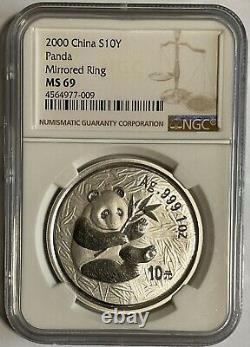 China 2000 1oz Silver Panda Coin, NGC MS69 mirrored ring