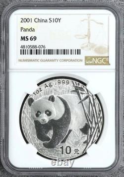 China 2001 10 Yuan 1 Ounce Oz Silver Panda Nice BU Temple of Heaven NGC MS 69