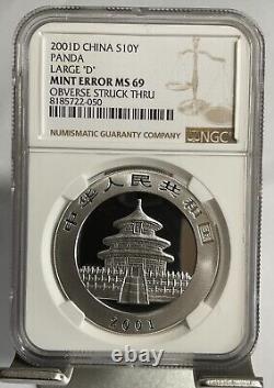 China 2001 D 1oz Silver Panda Coin, NGC MS69 mint error