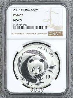 China 2003 10 Yuan 1 Ounce Oz Silver Panda Frosted or Mirrored ChBU NGC MS 69