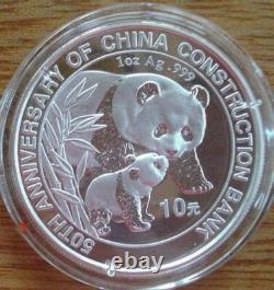 China 2004 Panda 50 Year of CONS Bank 10 Yuan 1oz Silver Coin, BU