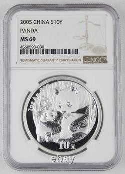 China 2005 1 Oz 999 Silver Panda 10 Yuan Coin NGC MS69 GEM BU+