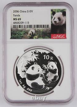 China 2006 1 Oz 999 Silver Panda 10 Yuan Coin NGC MS69 GEM BU+