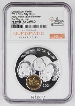 China 2021 ANA World's Fair of Money 50 Gram Silver Panda Medal NGC PF70 UC FDOI
