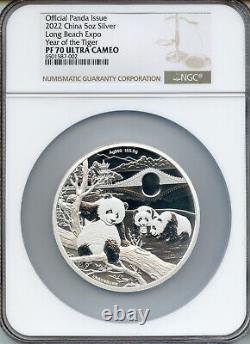 China 2022 Long Beach 5oz Silver Panda, Year of the Tiger, NGC PROOF 70