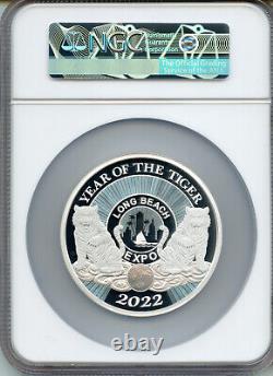 China 2022 Long Beach 5oz Silver Panda, Year of the Tiger, NGC PROOF 70