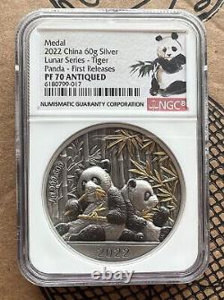 China 2022 Lunar series Panda Tiger Antiqued 60g Silver Medal NGC PF70 condition