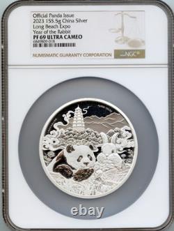 China 2023 Long Beach 5oz Silver Panda Year of the RABBIT NGC PROOF 69 with COA