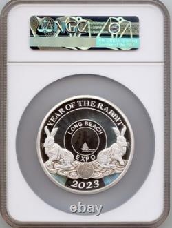 China 2023 Long Beach 5oz Silver Panda Year of the RABBIT NGC PROOF 69 with COA