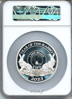 China 2023 Long Beach 5oz Silver Panda, Year of the RABBIT NGC PROOF 69 with COA