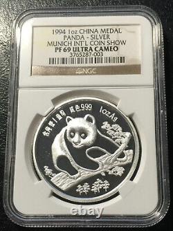 China Panda 1994 Munich International Show Silver 1 Oz Proof Coin Ngc Pf69uc