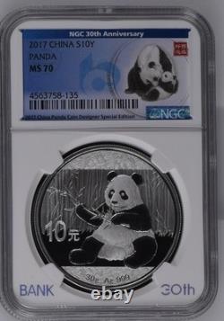 China Silver Panda 10 Yuan 2017 NGC 30th Anniversary NGC MS 70