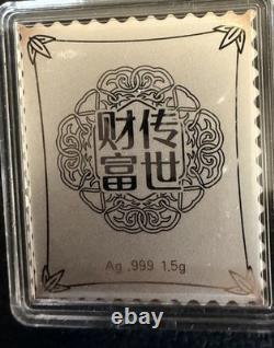 Chinese Stamp Series. 999 Fine Silver + 24k Gold Gilded Panda Stamp Silver Bar