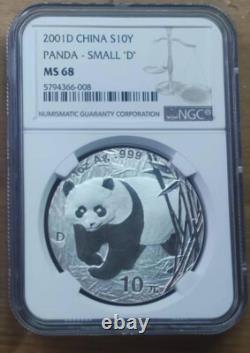 NGC MS68 China 2001 1oz Silver Panda Coin with D Mark (Rare Variety Small'D')