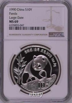 NGC MS69 1990 China Panda 1oz Silver Coin Large Date