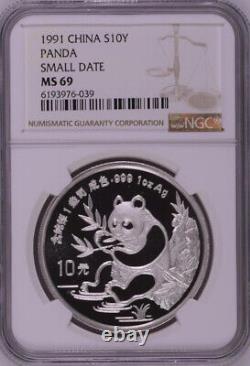 NGC MS69 1991 China Panda 1oz Silver Coin Small Date