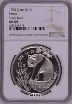 NGC MS69 1993 China Panda 1oz Silver Coin Small Date