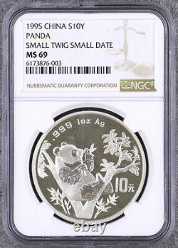 NGC MS69 1995 China 1oz Silver Panda Coin (Small Twig Small Date, Micro Date)