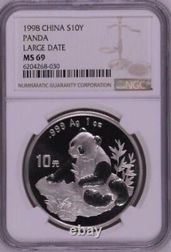 NGC MS69 1998 China Panda 1oz Silver Coin Large Date