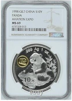 NGC MS69 1998 China Silver panda coin 1oz -Aviation Expo