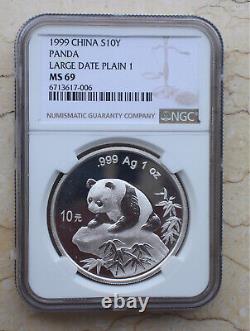 NGC MS69 1999 China 1oz Silver Panda Coin (Large Date Plain 1, Shenyang Mint)