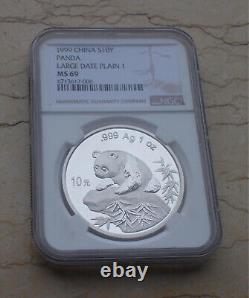 NGC MS69 1999 China 1oz Silver Panda Coin (Large Date Plain 1, Shenyang Mint)
