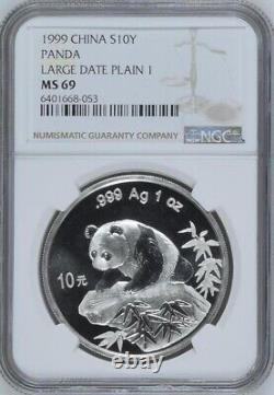 NGC MS69 1999 China Panda 1oz Silver Coin Large Date Plain 1