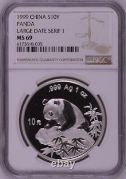 NGC MS69 1999 China Panda 1oz Silver Coin Large Date Serif 1