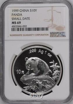 NGC MS69 1999 China Panda 1oz Silver Coin Small Date
