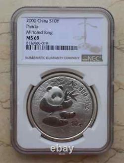 NGC MS69 2000 China 1oz Silver Panda Coin Mirrored Ring