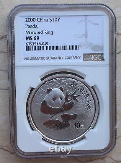 NGC MS69 2000 China 1oz Silver Panda Coin Mirrored Ring